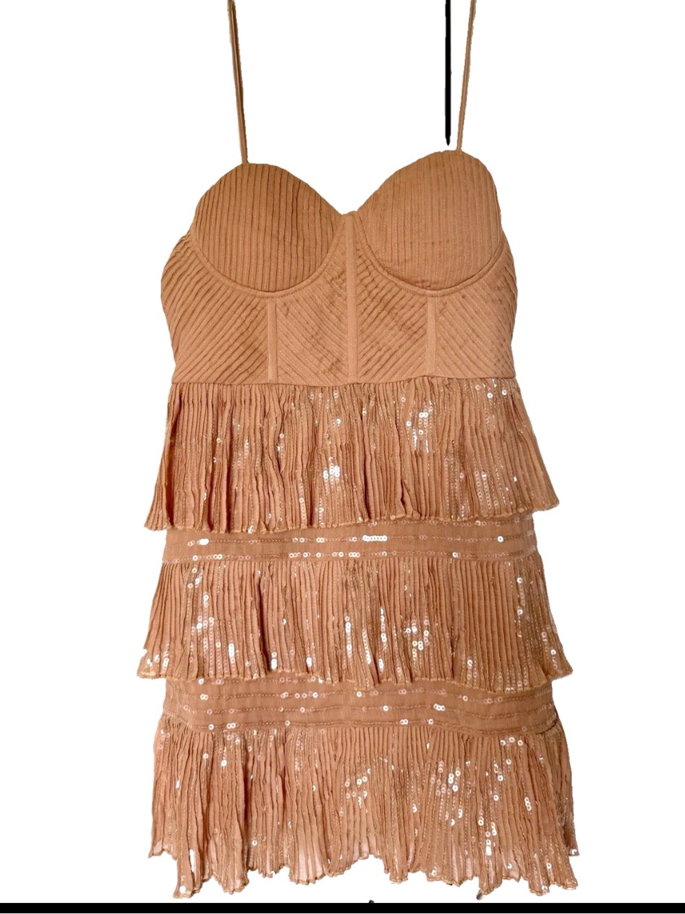 ASOS DESIGN Beige Sequin Ruffle Mini Dress Sweetheart Strappy Sleeveless Sz 10